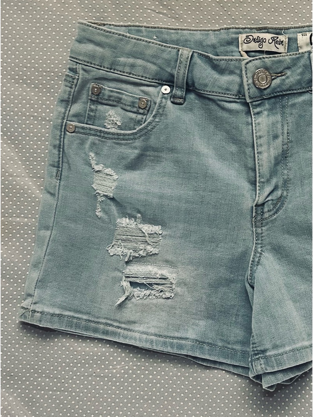 Indigo Rein Women’s Washed Blue Distressed Denim Shorts
